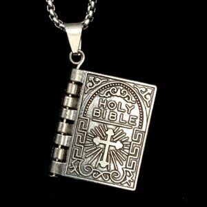 Bible Necklace 4 Pages Turnable Lords Prayer Pages 27” Block Chain Silver Tone